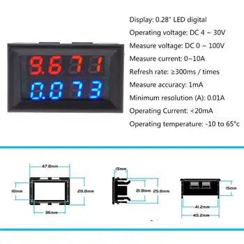 0.28 inch 2 Fire Digital Voltmetru Ampermetru DC 100V 10A Albastru Rosu Dual LED Panel Amp Volt Tensiune Contor Curent