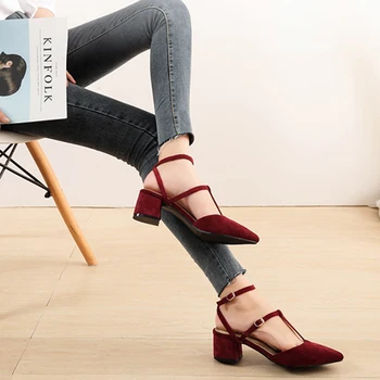 2021 Noua Moda Femeie Sandale Subliniat Toe Pantofi Groase în formă de T ° Catarama Superficial de sex Feminin Pantofi
