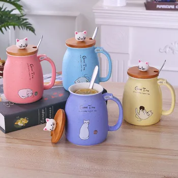 Ceramica Cană de Pisică Drăguț Ceașcă de Cafea cu Kitty Minunat capac de lemn Lingură din Oțel Inoxidabil,element de Noutate Ceașcă Dimineața zilei de Ceai Lapte de Craciun Cana