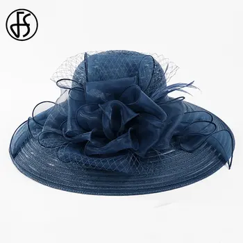 FS Alb Negru Femei Elegante Biserica Pălării Pentru Femei Flori Mari Refuz Organza Pălărie de Soare pe Plaja Kentucky Derby Hat Fedora
