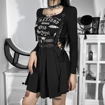 Goth Întuneric Dantelă Sus Mall Gotic Mozaic Mini-Fuste Femei Grunge Negru Faux Pu Cutat Clubwear Moda Punk Alt Suspensor Fusta