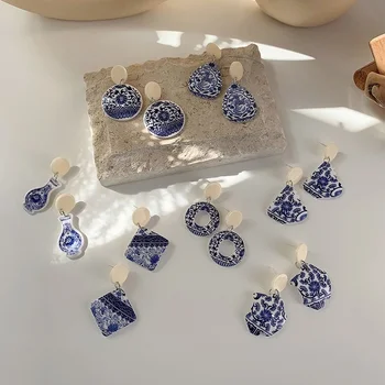 Origine Vara Cyan-albastru Porțelan Geometrice Cercei Pandantiv pentru Femei Texturate Arcylic Stil Chinezesc Gol Cercel Bijuterii