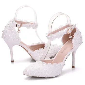Pantofi pentru femei 9 cm dantelă albă tocuri inalte banchet de nuntă, pantofi stiletto subliniat nunta, pantofi de mireasa, pantofi cu tocuri inalte 34-42