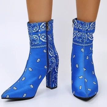 Păun Model în Relief din Piele Cizme Femei Ghete Placare cu Toc Toate se Pantofi de Iarna 2021Female Încălțăminte Albastru