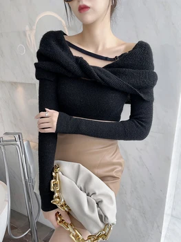 TWOTWINSTYLE Elegant Casual Slim Solid Minimalist Pulovere Pentru Femei Slash Gât Maneca Lunga Pulover de Moda de sex Feminin Stil 2021