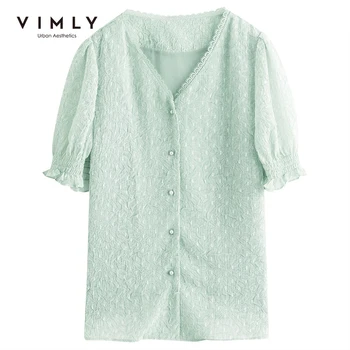 VIMLY Bluza de Vara Femei Elegante V Gât Button up Shirt de Semnalizare cu Maneci de Dantela Verde Tricouri Vintage Blusas Topuri Femeile F7220