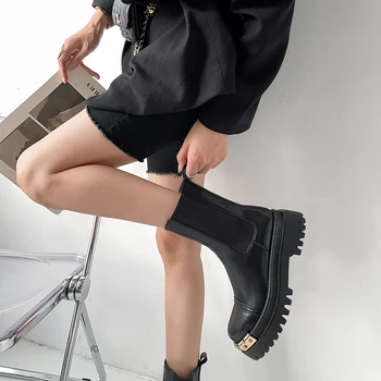 【JOCHEBED HU】2021 Noua din Piele Neagra Chelsea Cizme Pentru Femei Platforma Pantofi Femei Cizme de Iarna pentru Femei Sculptate Bullock