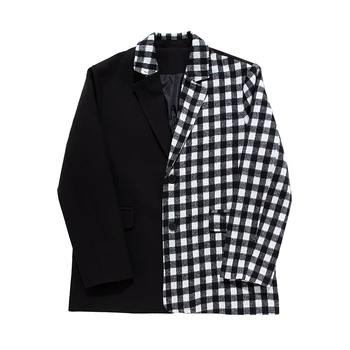Alb-Negru Carouri Îmbinare Sacouri Bărbați-Coreean Streetwear Moda Chic Liber Casual Sacou Blazer Masculin Costum Haina De Om