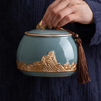 Ge Cuptor Ceramica Ceai Caddy Vas Sigilat De Uz Casnic Ceai Rezervor De Stocare Stil Chinezesc Cutie De Ceai De Relief Canistra Ceai