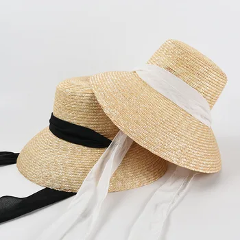 Noi Populare Lampa Formă Femei Vara, aruncându-și Pălăria de Paie Alb Negru Panglică Dantelă Cravată Margine Largă Pălărie de Soare Anti-UV Plaja Capace Cape