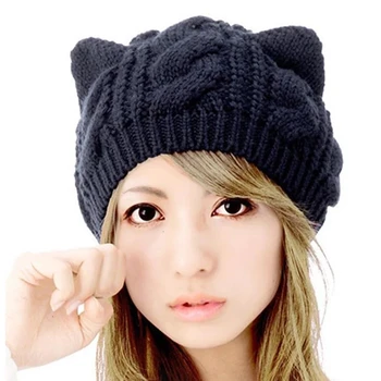 Pisica Ureche Beanie Croșetat Papuci Anime Pălărie Tricotate Femei Solide de Culoare Cald Iarnă Hat Gilrls Doamna Kawaii Capota Femme Lână Capac 2022