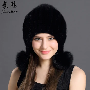 Real Nurca Blană Pălărie Pentru Femei De Iarnă Pălării De Tricotat Protejate Ureche Și Cap Cu Drăguț Pompoms Rus De Sex Feminin Căciuli Groase Pălării Nurca